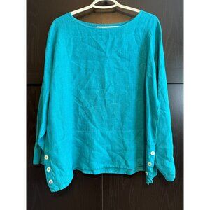 Bryn Walker Linen Tunic Blouse Turquoise Blue Medium Long Sleeves Buttons